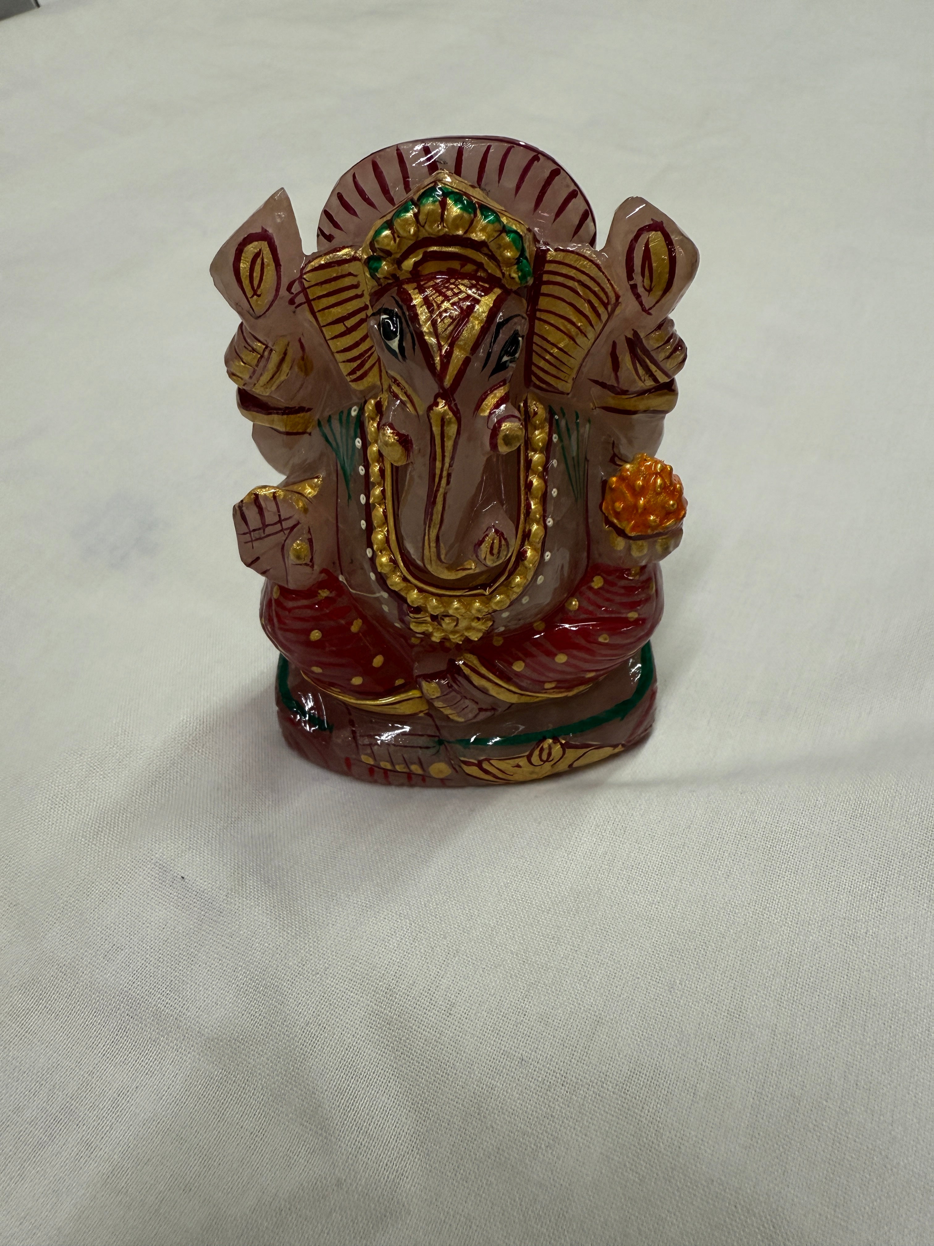 Agate Stone Lord Ganesha Idol – Handcrafted & Colorful Divine Art (Rose Quartz)
