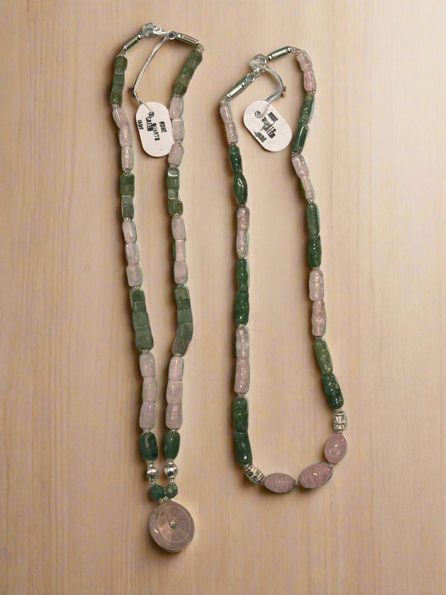 Rose Quartz and Green Jade Gemstone Necklace – Handmade Unisex Crystal Strand